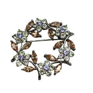 Floral Wreath Brooch Pale Yellow & Antiqued Dusty Pink Glass Stones Silver Tone